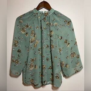 Forever 21 Green Floral Chiffon 3/4 Sleeve Sheer Blouse High Neck Size L